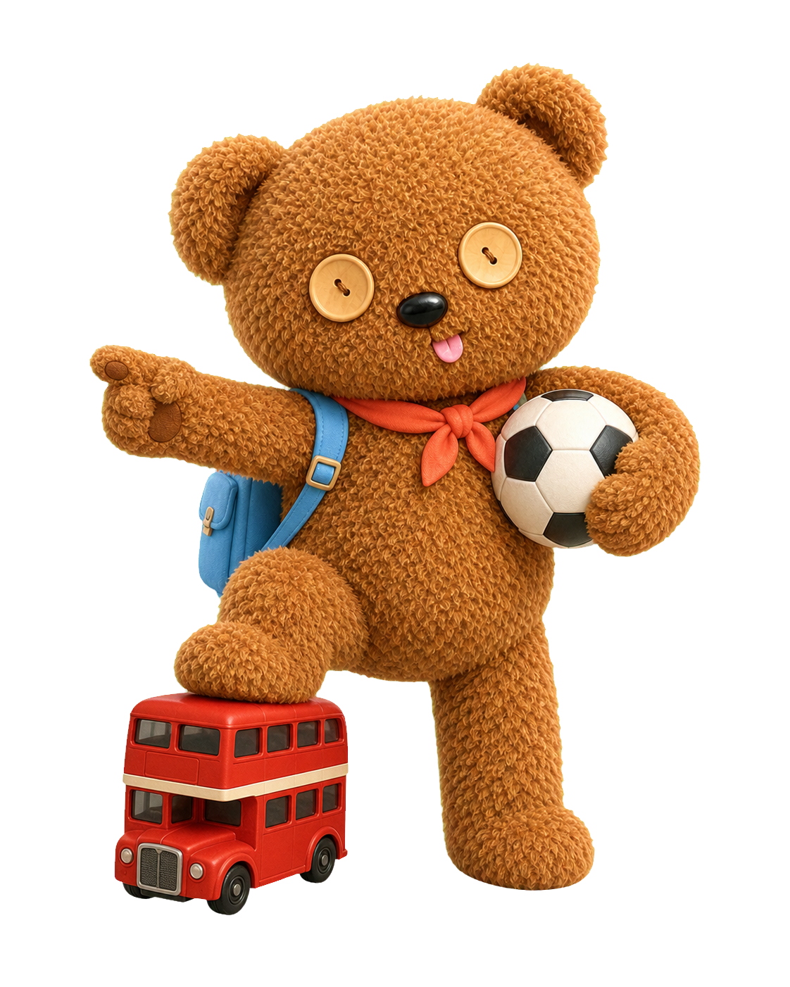 Milo mit Fußball und Doppeldeckerbus